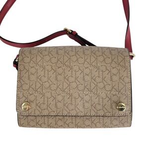 Calvin Klein Monogram Crossbody Bag Beige Red Convertible Shoulder Strap Susan
